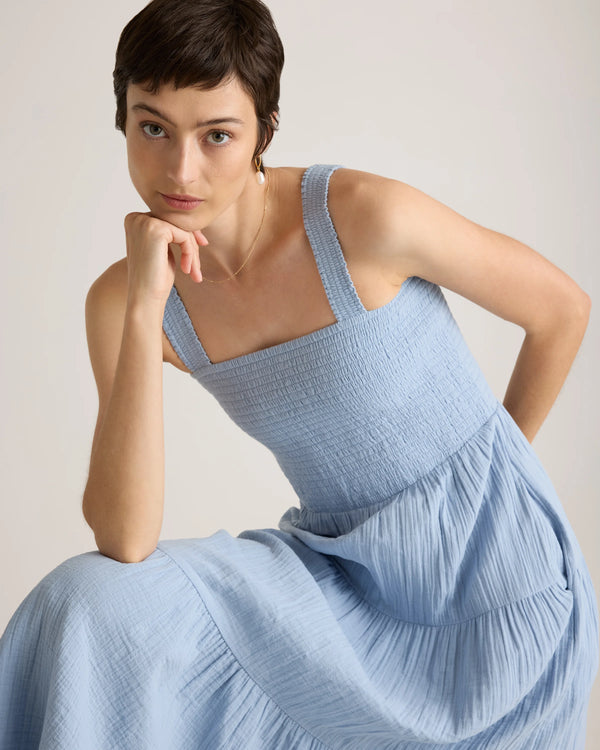 100% Organic Cotton Gauze Smocked Sleeveless Maxi Dress - XS / Blue Gingham