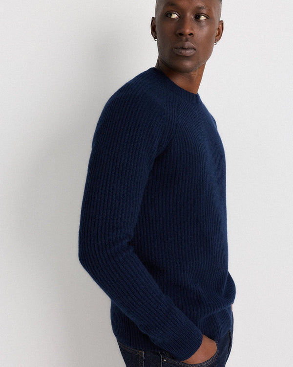 Mongolian Cashmere Fisherman Crewneck Sweater - S / Navy Marl