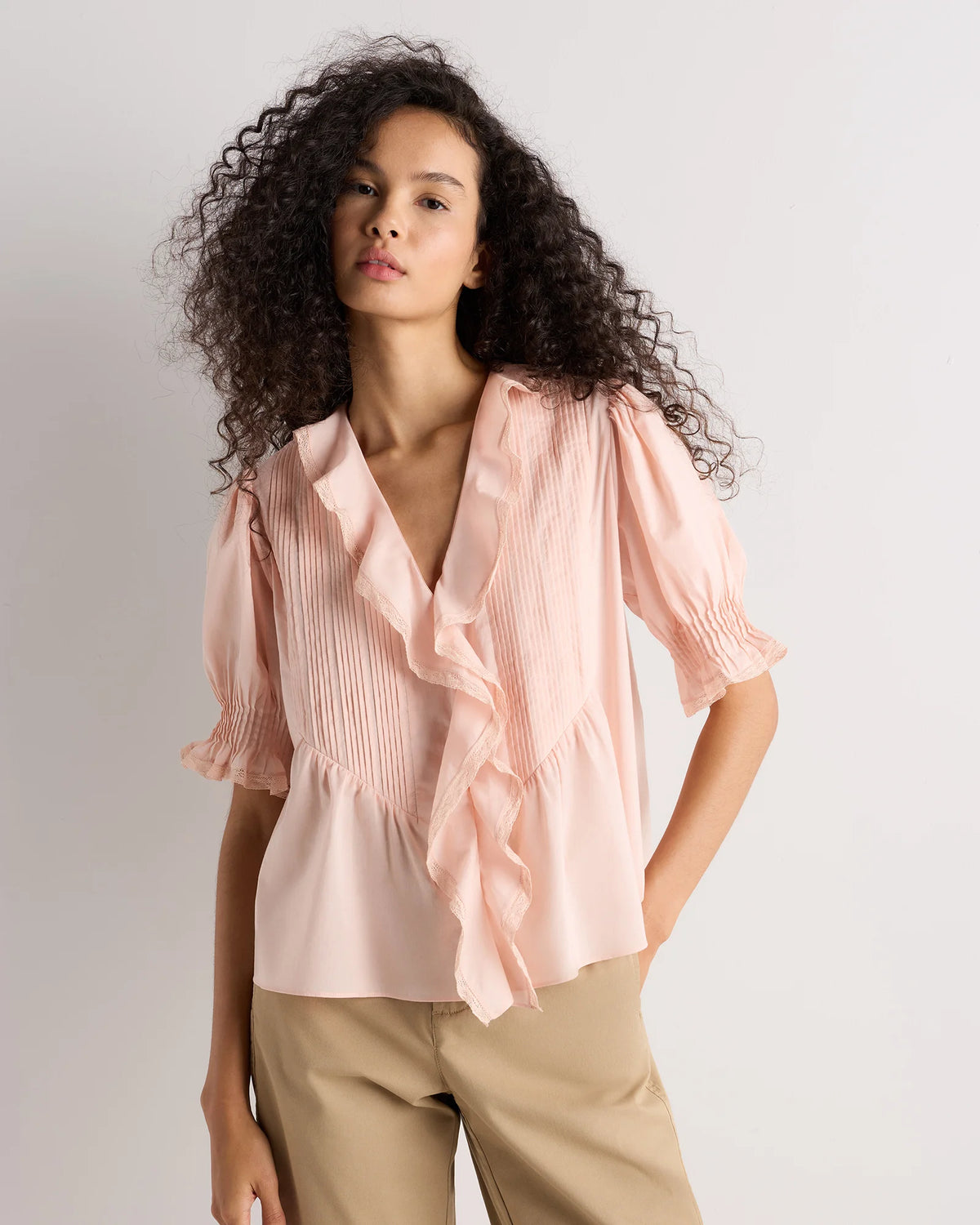 Organic Cotton Voile Short Sleeve Peasant Blouse - XS / Ballet Slipper Main image