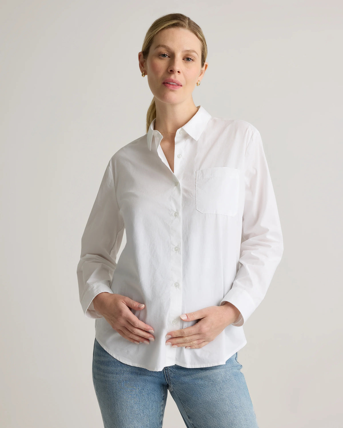 100% Organic Cotton Poplin Maternity Long Sleeve Shirt - XS / Classic White Main image