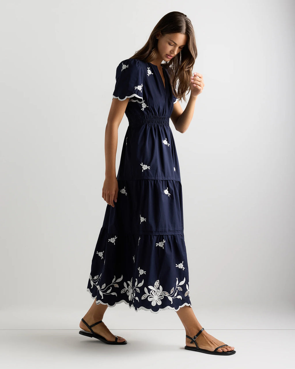100% Organic Cotton Poplin Embroidered Tiered Maxi Dress - XS / Moonstone Blue