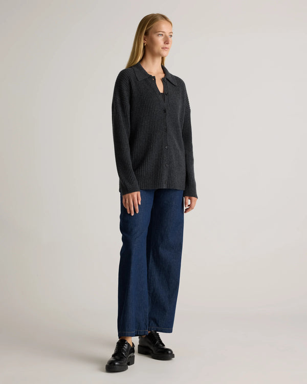Mongolian Cashmere Wide-Rib Oversized Collared Cardigan - XS / Oatmeal