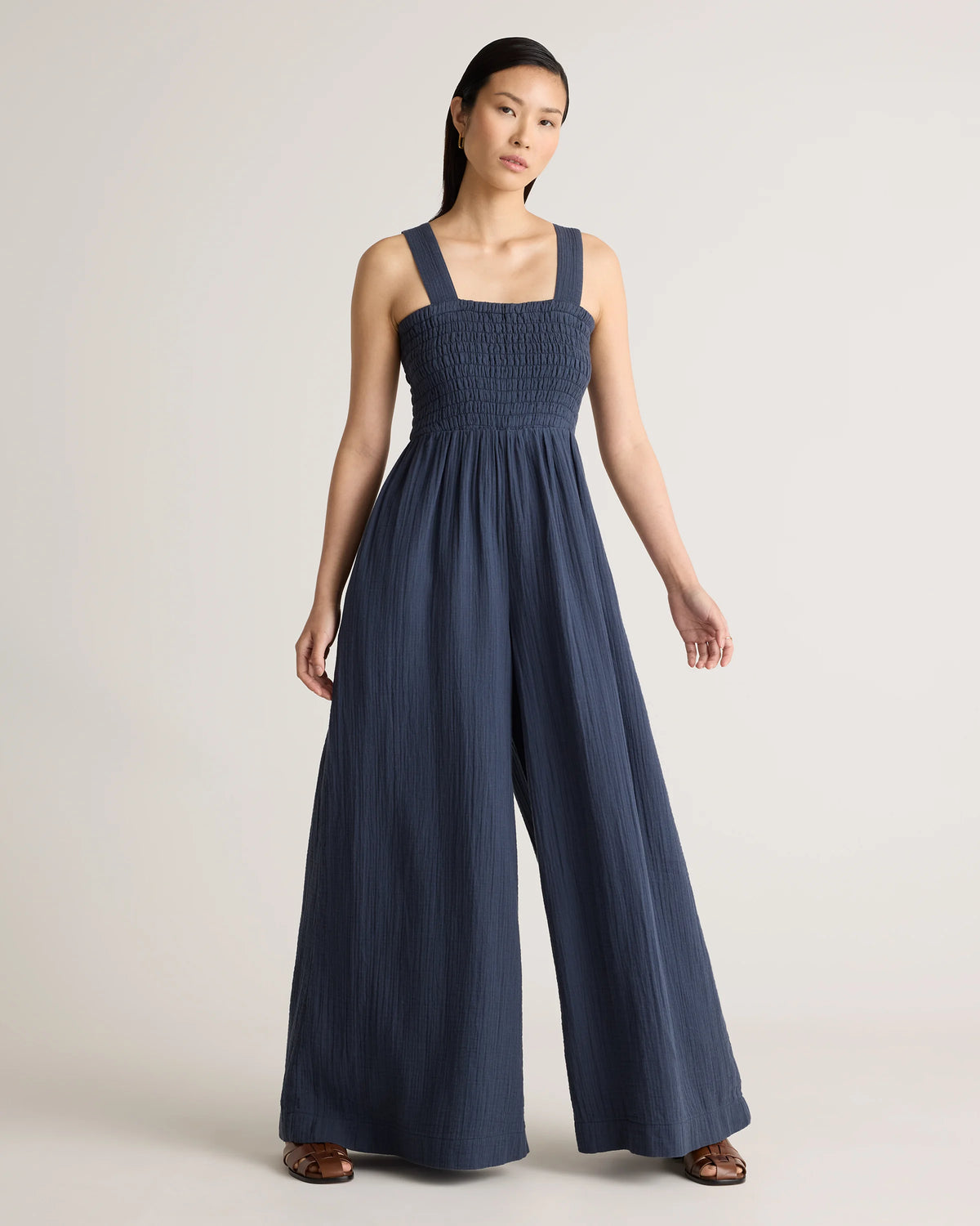 100% Organic Cotton Gauze Smocked Wide Leg Jumpsuit - XS / Spiced Orange