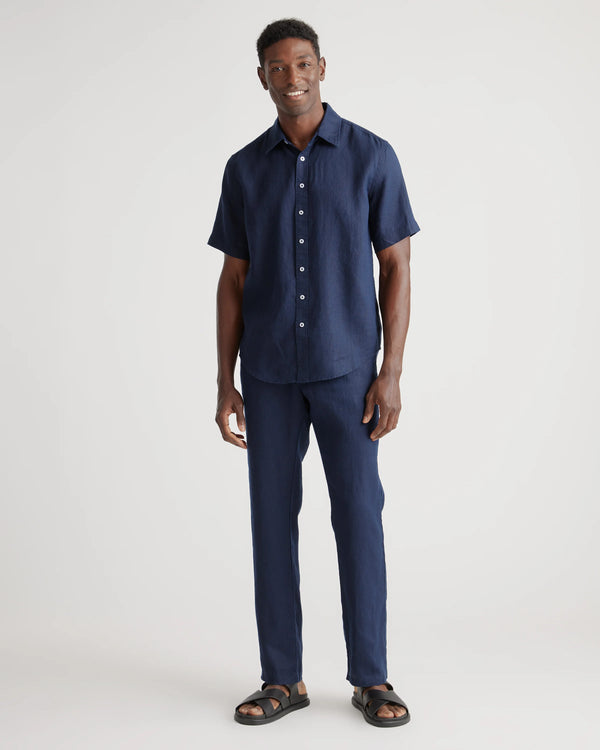 100% European Linen Relaxed Short Sleeve Shirt - XS / Taupe Brown Chambray