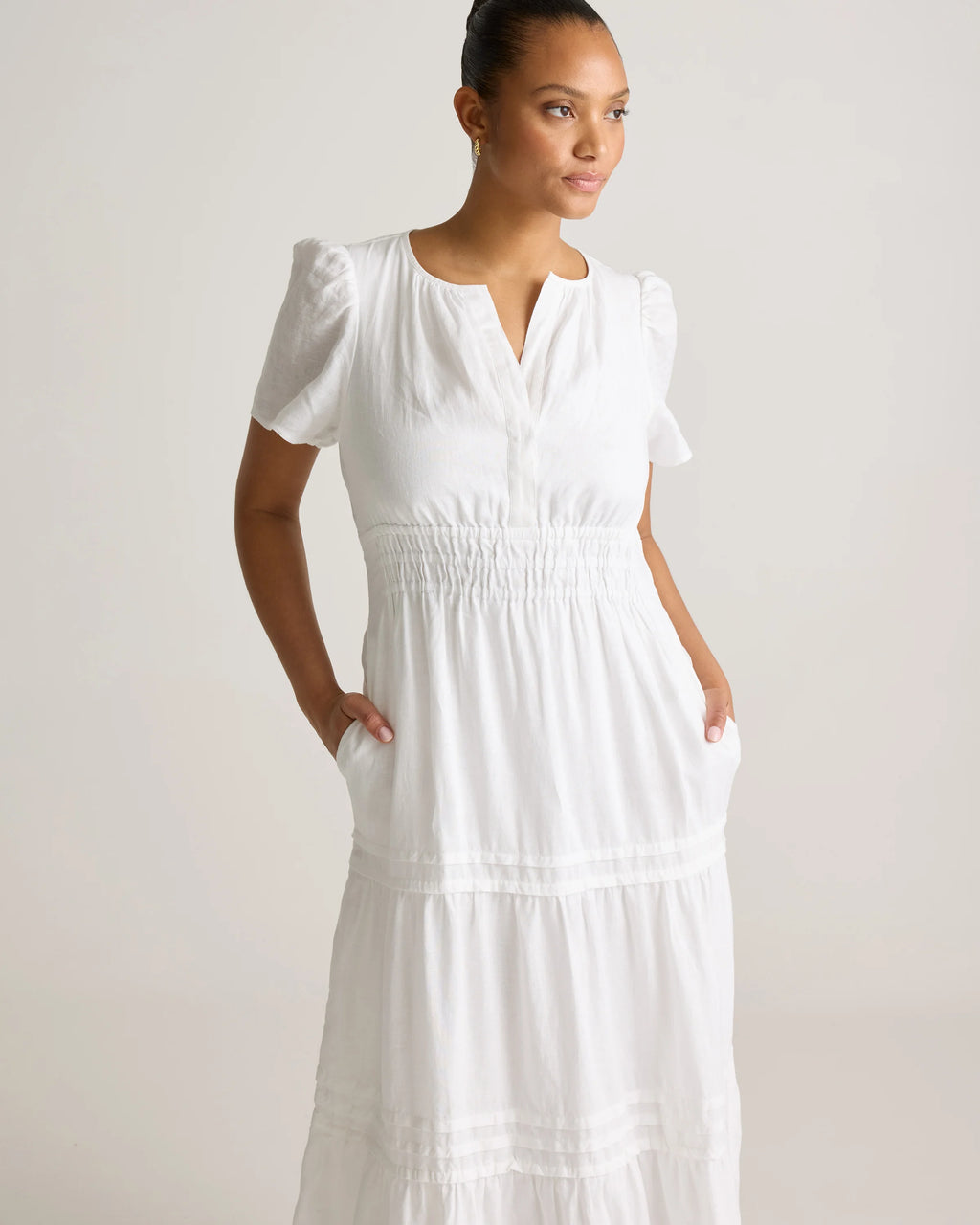 100% European Linen Tiered Maxi Dress - XS / Ivory Porcelain Blue Petite Floral