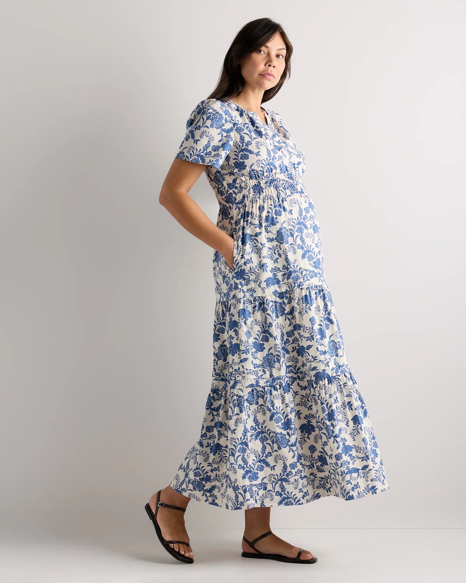 100% Organic Cotton Poplin Maternity Tiered Maxi Dress - XS / Riviera Blue Heirloom Floral Secondary image