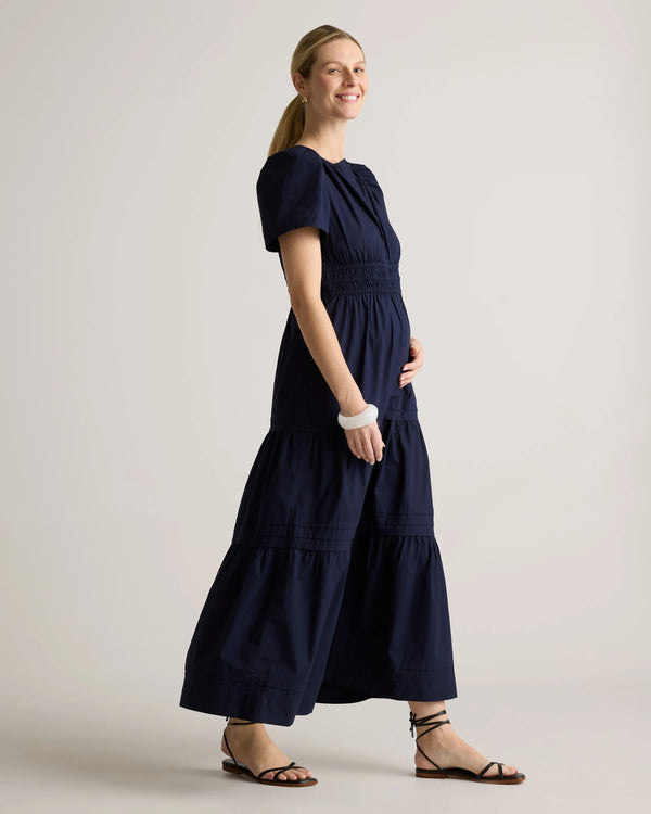 100% Organic Cotton Poplin Maternity Tiered Maxi Dress - XS / Riviera Blue Heirloom Floral