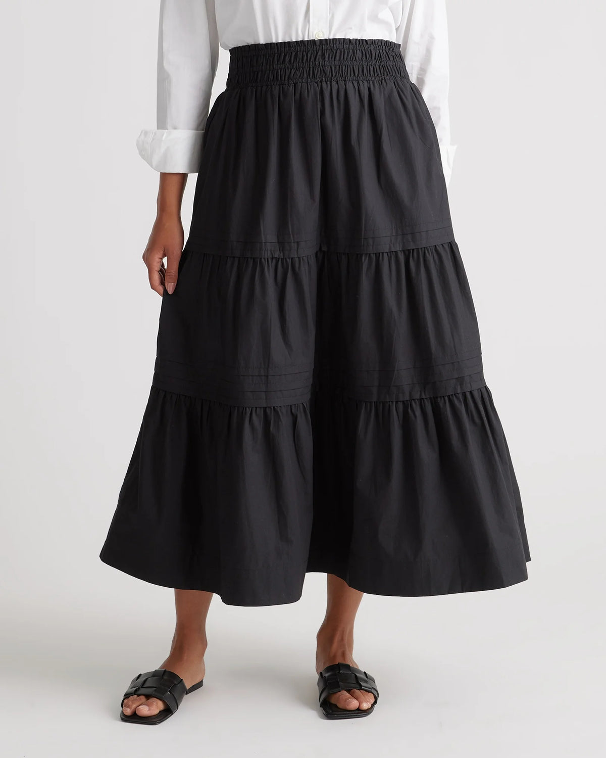 100% Organic Cotton Poplin Tiered Maxi Skirt - XS / Black