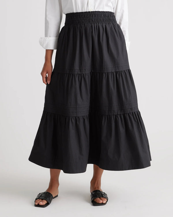 100% Organic Cotton Poplin Tiered Maxi Skirt - XS / Black