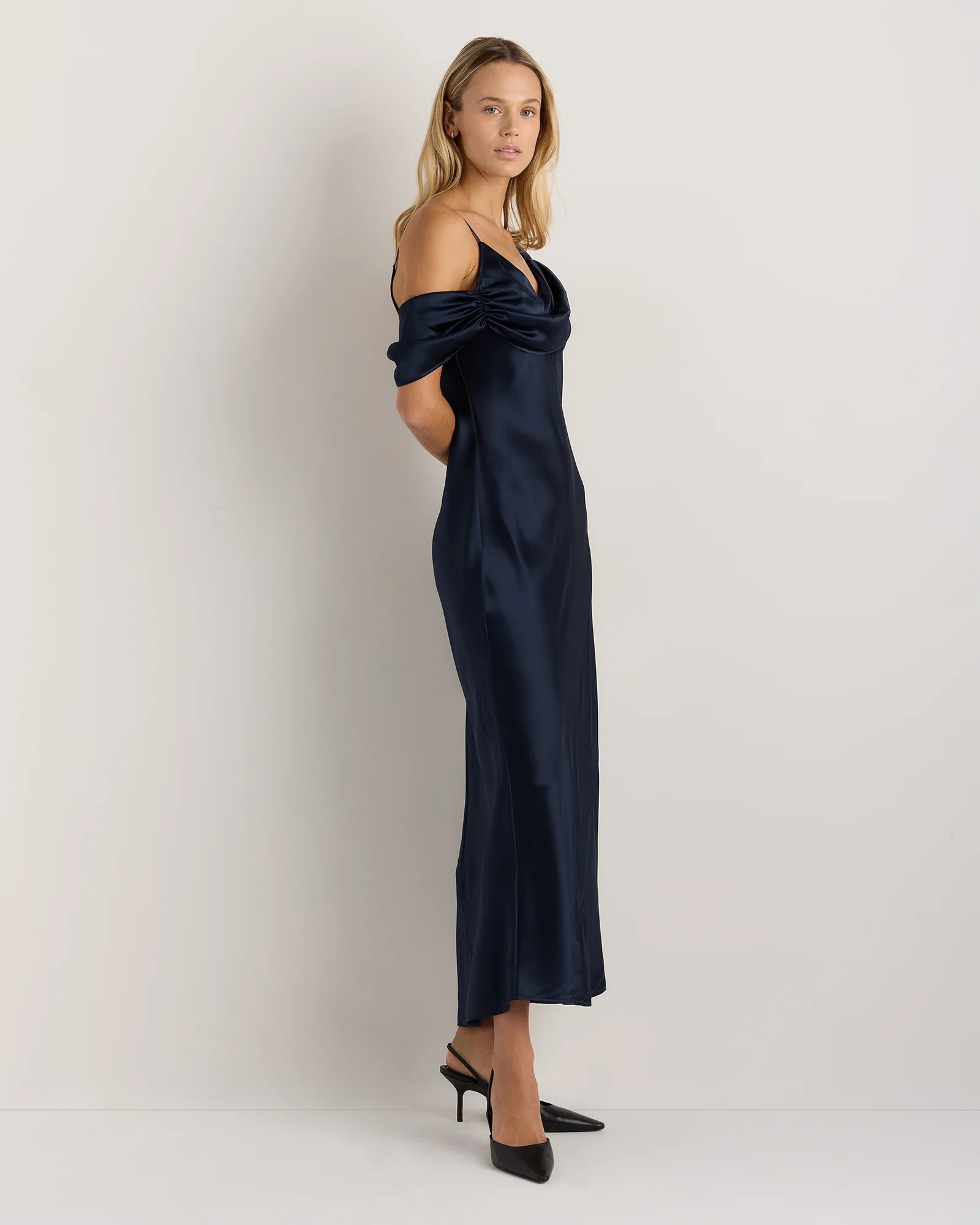 100% Washable Silk Draped Shoulder Maxi Dress - XS / Navy Secondary image