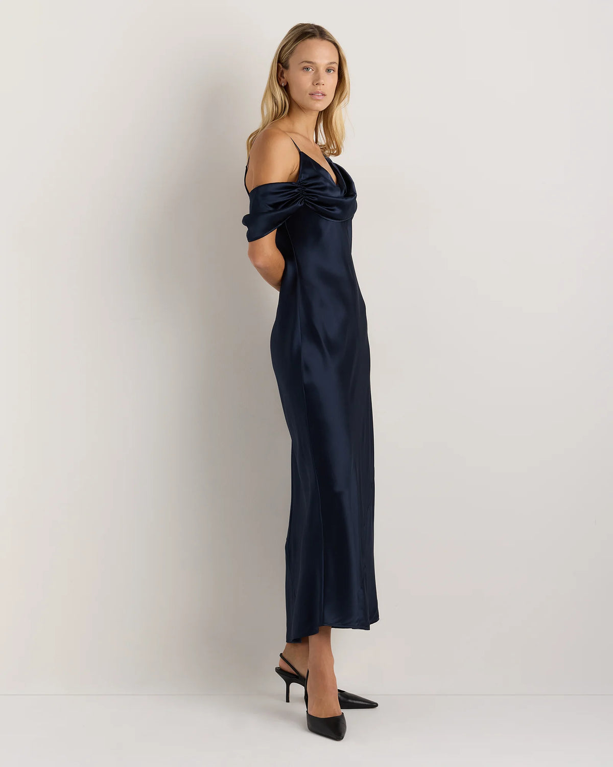 100% Washable Silk Draped Shoulder Maxi Dress - XS / Navy