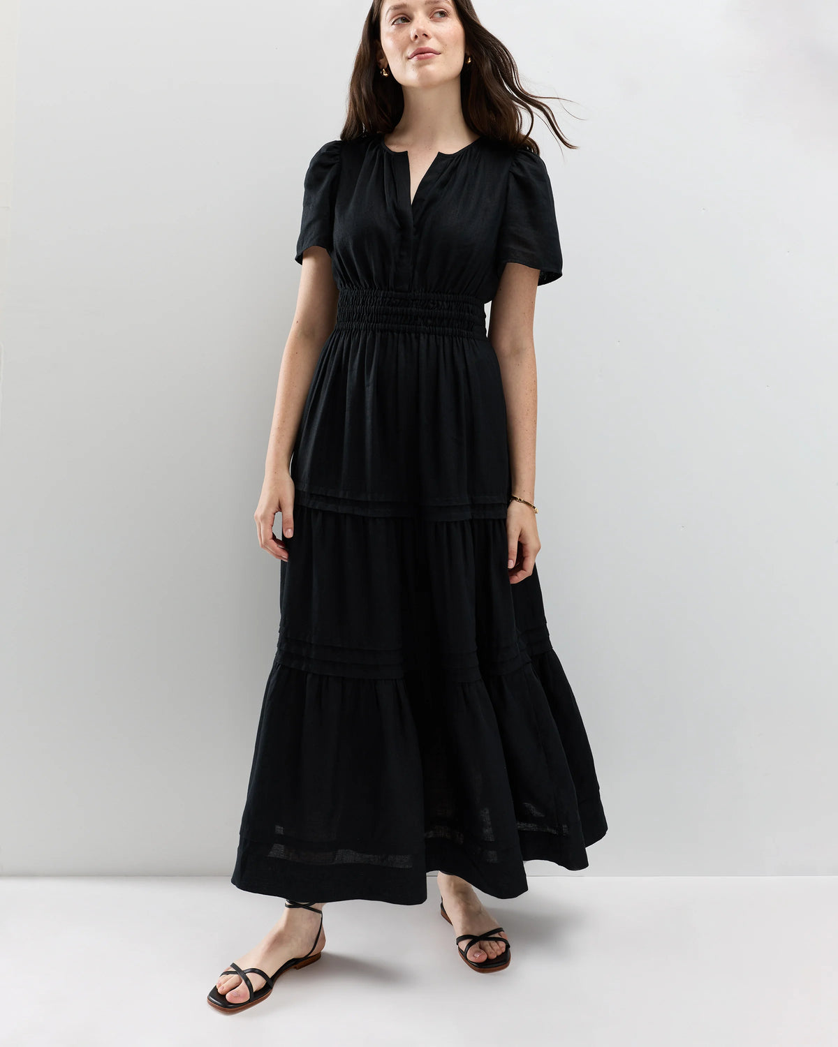 100% European Linen Tiered Maxi Dress - XS / Ivory Porcelain Blue Petite Floral