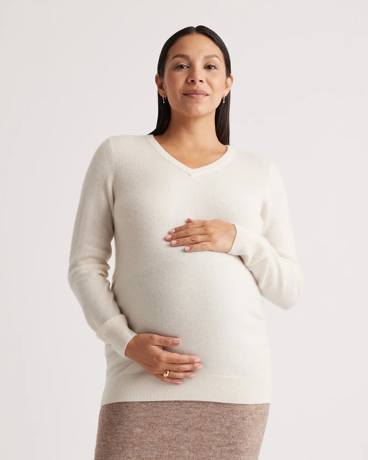 Mongolian Cashmere V-Neck Maternity Sweater - XS / Ivory Main image