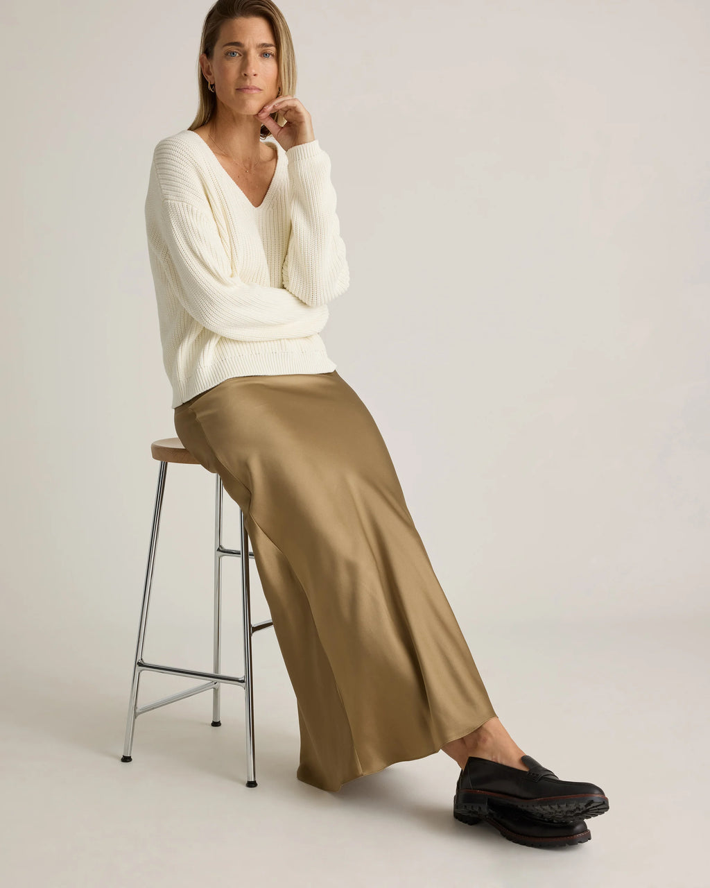 100% Washable Silk Maxi Skirt - XS / Champagne