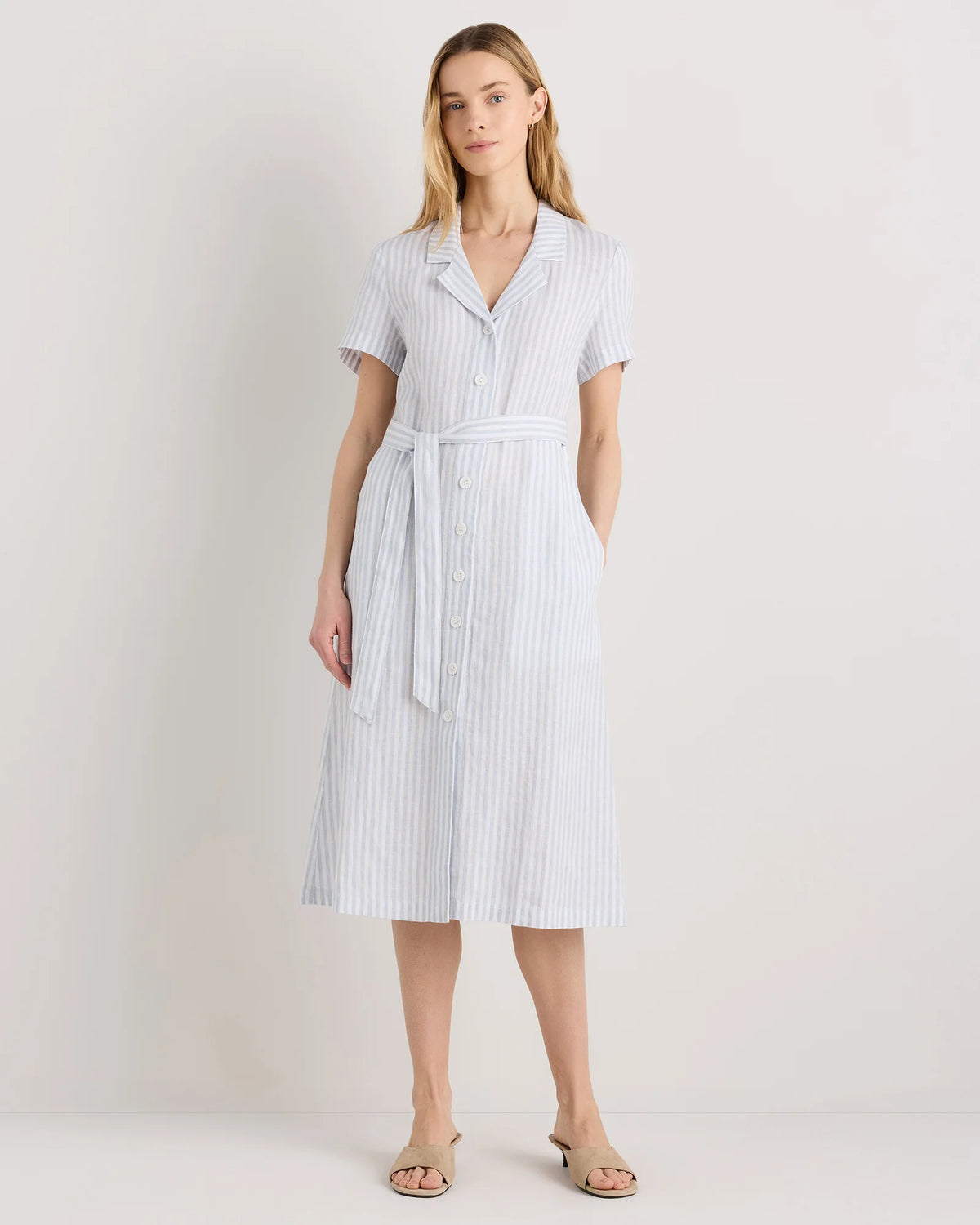 100% European Linen Button Front Dress - XS / Sky Blue Mariner Stripe Main image