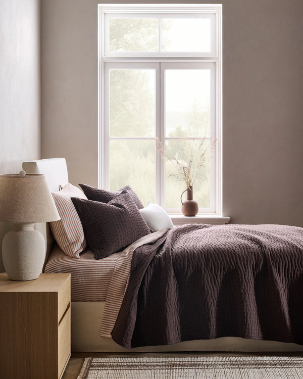 European Linen Cotton Stitch Quilt Set - Twin / Stone