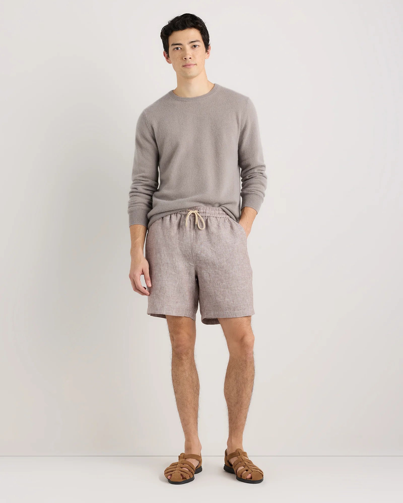 100% European Linen Drawstring Beach Shorts - 7" - XS / Taupe Brown Chambray Secondary image