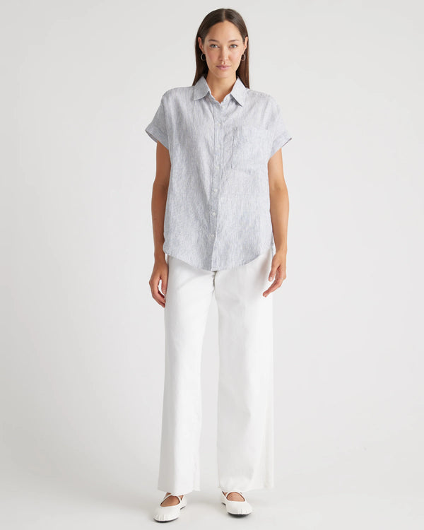 100% European Linen Camp Shirt - XS / Sky Blue Mariner Stripe