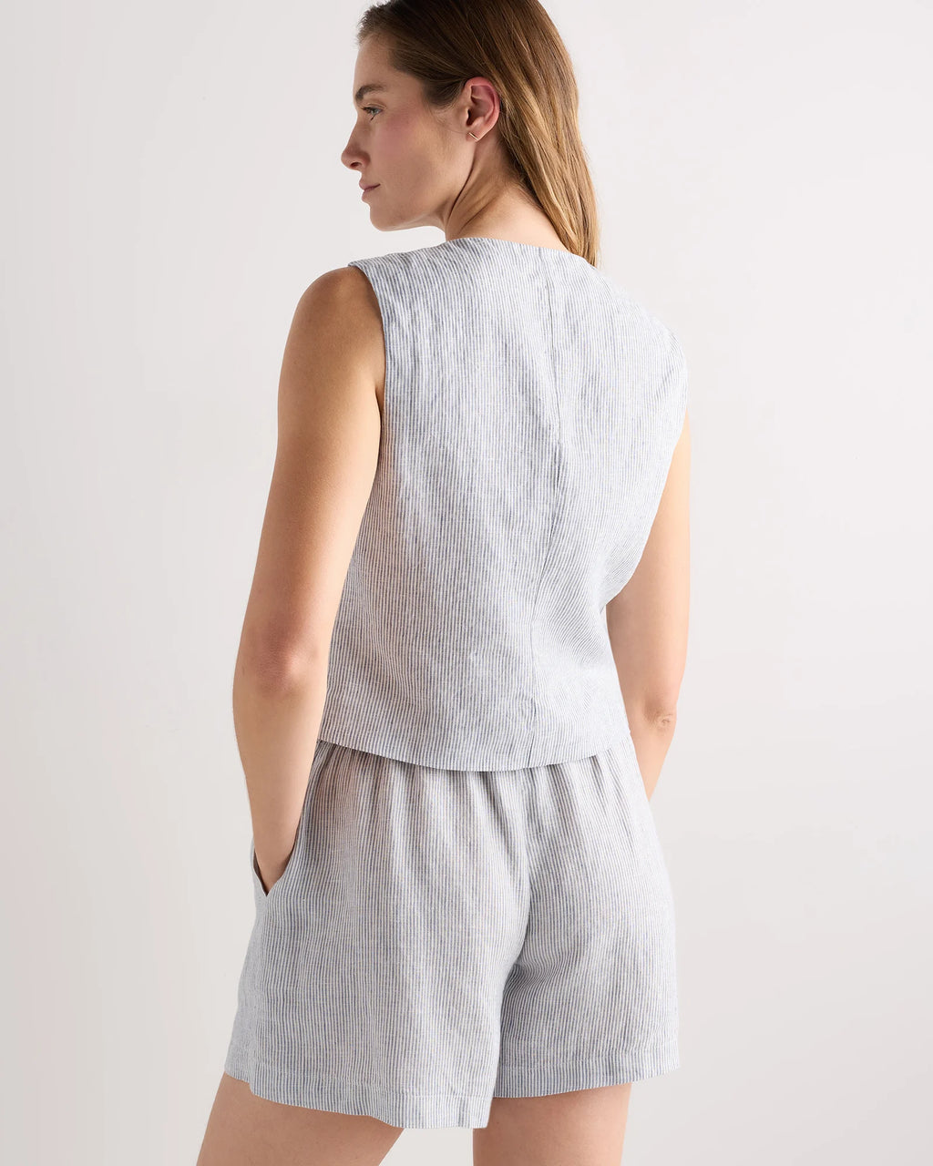 100% European Linen Vest - XS / Blue Pinstripe