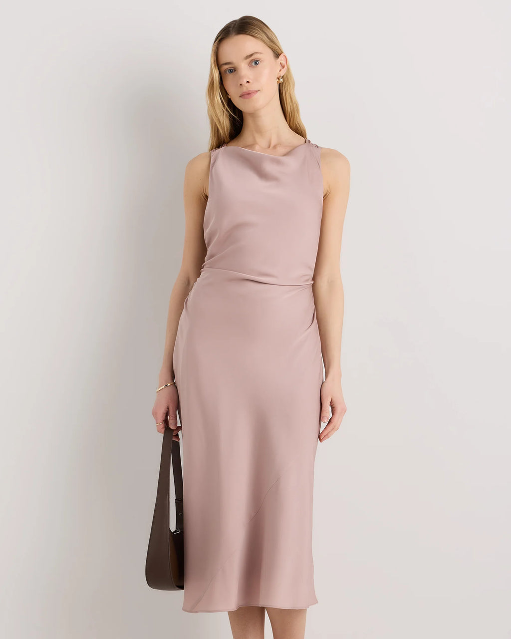 Washable Stretch Silk High Neck Midi Dress - XS / Vintage Navy Roses