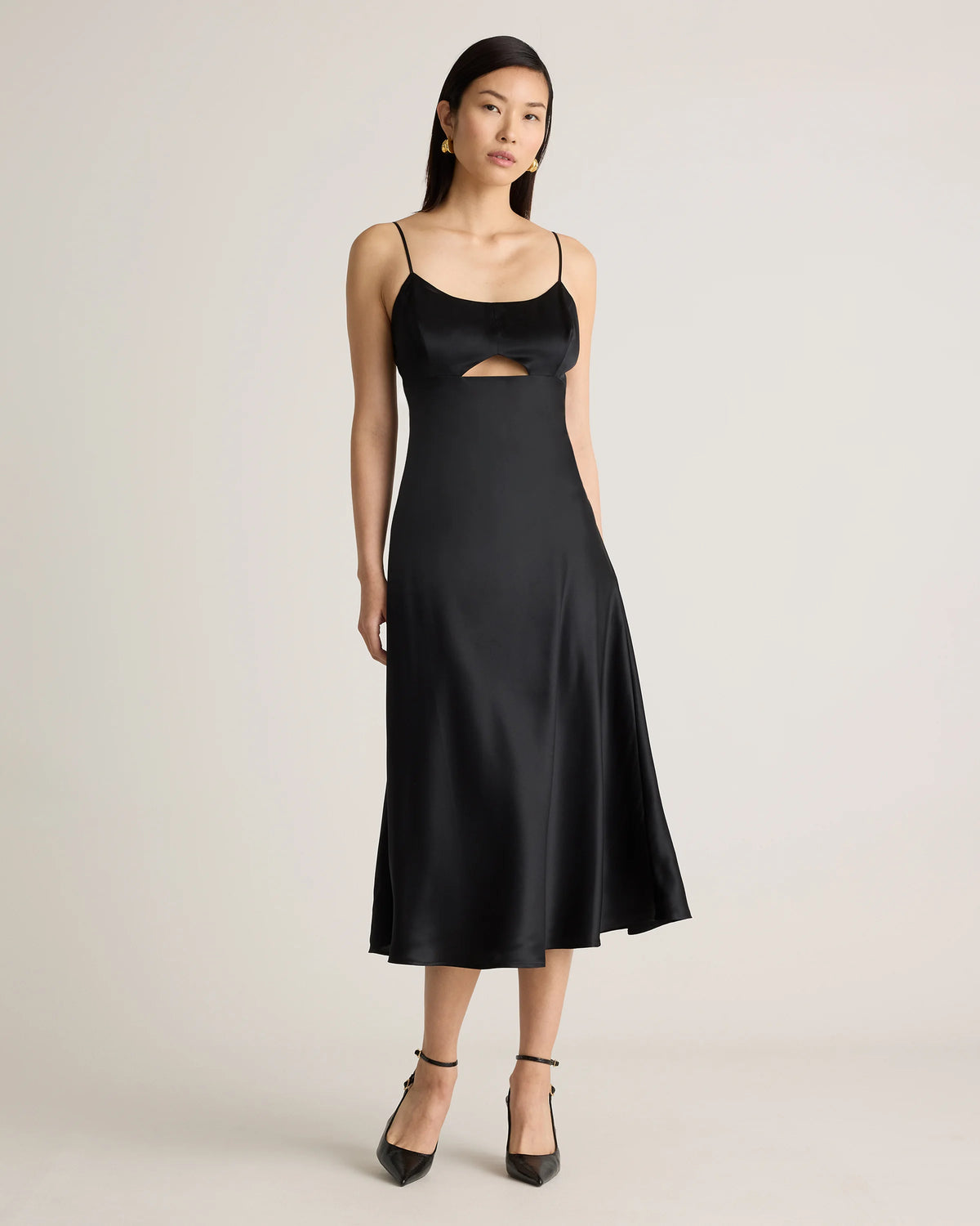 100% Washable Silk Cutout Midi Slip Dress - XS / Black Main image