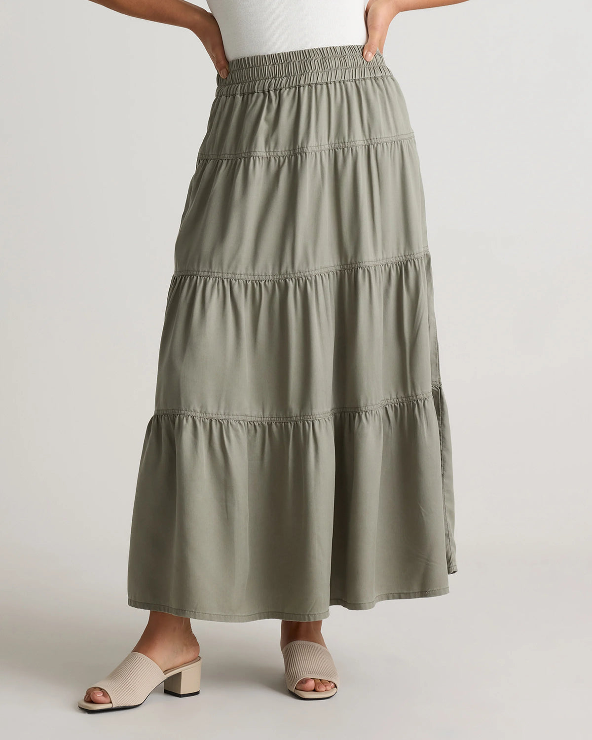 Vintage Wash Tencel Tiered Maxi Skirt - XS / Olive Main image