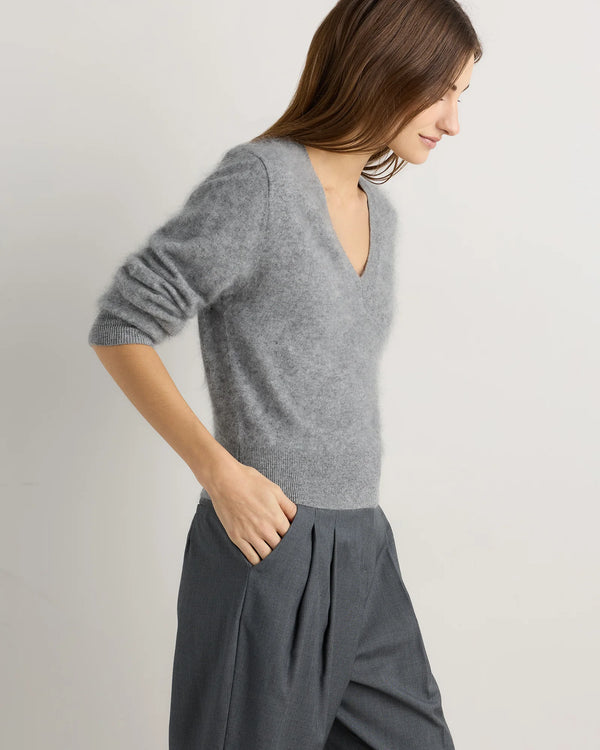 Brushed Cashmere Shrunken V-Neck Sweater - XS / Heather Grey