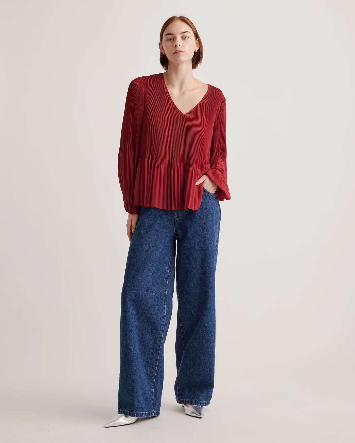 Chiffon Pleated V-Neck Blouse - XS / Bright Burgundy Secondary image