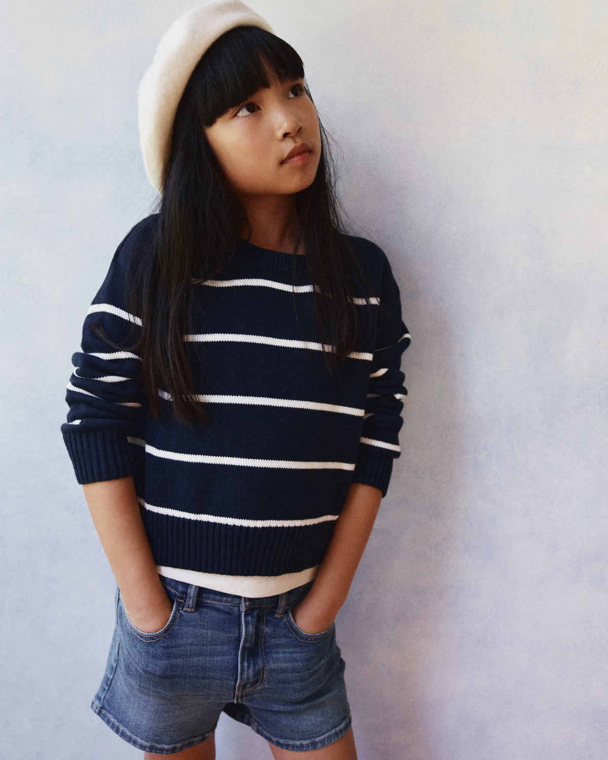 100% Organic Cotton Crewneck Sweater - 6 / Navy/White