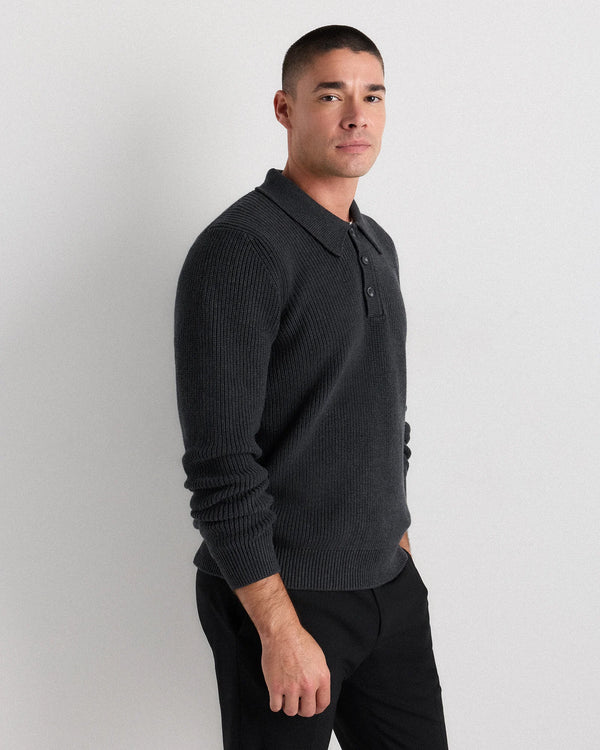 100% Organic Cotton Ribbed Polo Sweater - XS / Mid Heather Grey