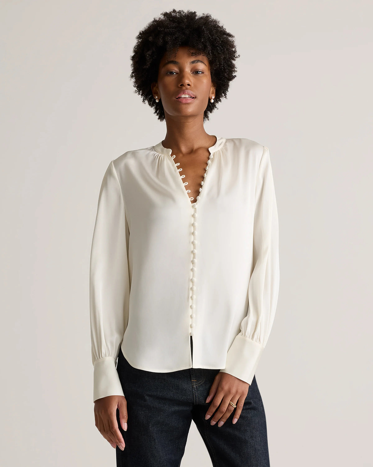 Washable Stretch Silk Peasant Blouse - XS / Ivory Main image