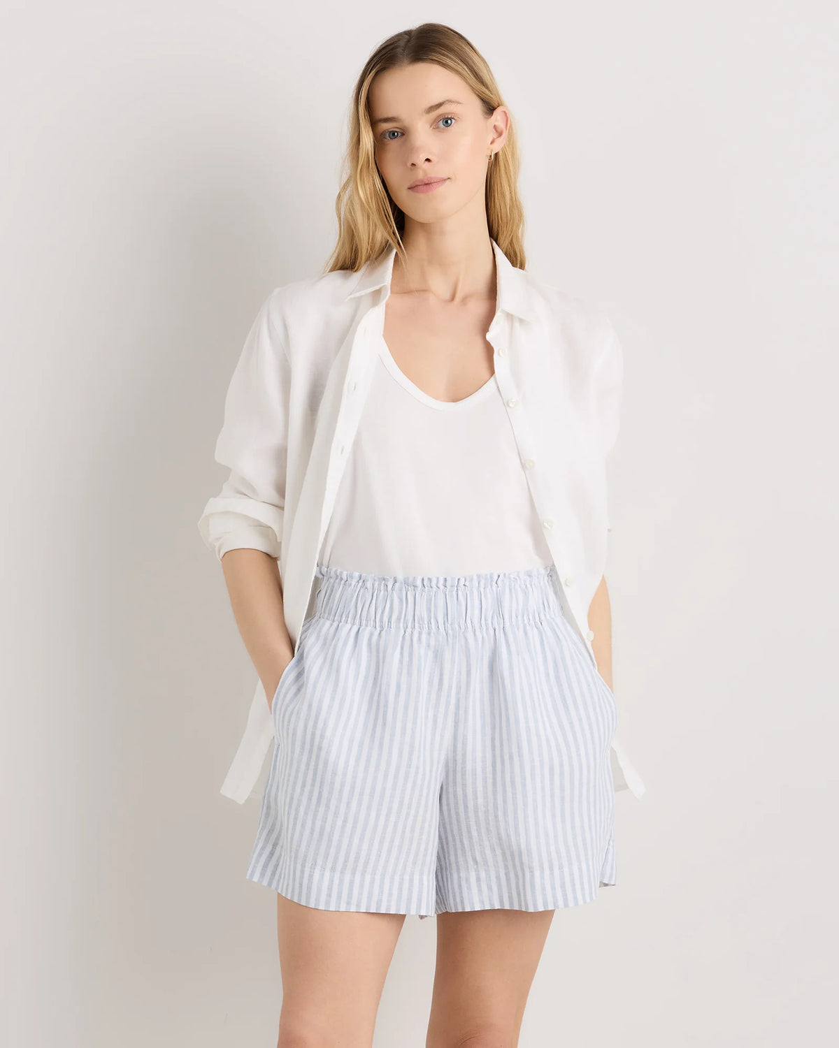 100% European Linen High Waisted Shorts - XS / Sky Blue Mariner Stripe Main image