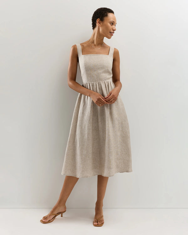 100% European Linen Fit & Flare Midi Dress - XS / Ivory Porcelain Blue Petite Floral