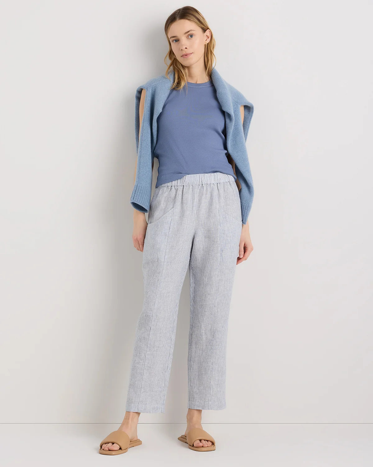 100% European Linen Tapered Ankle Pants - XS / Blue Pinstripe Secondary image