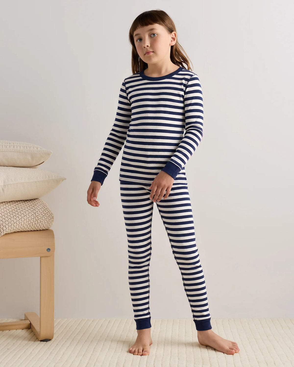 100% Organic Cotton Long Sleeve and Pant Pajama Set - 6 / Navy Stripe