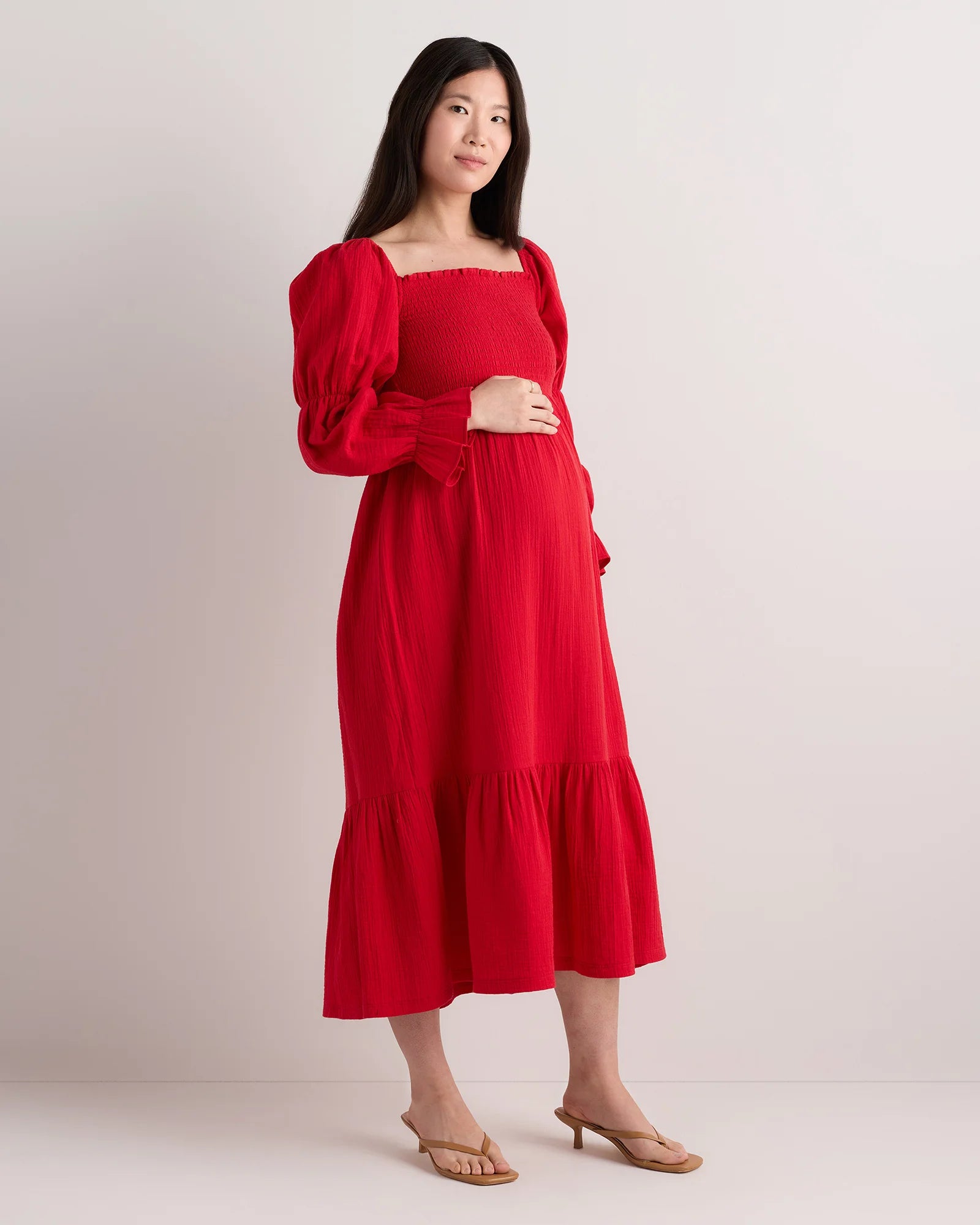 100% Organic Cotton Gauze Maternity Smocked Midi Dress - XS / Wild Cherry Secondary image