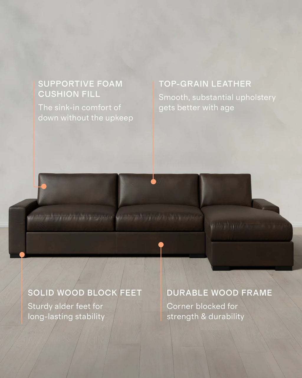 Stillman Chaise Sectional in Leather - 116" Right Arm / Auburn