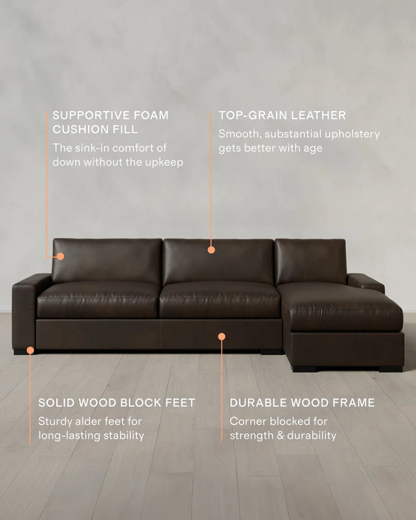 Stillman Chaise Sectional in Leather - 116" Right Arm / Auburn