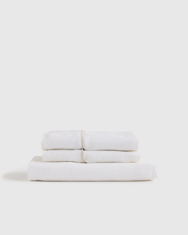 European Linen Piped Fitted Sheet Set - Twin / Mist/White