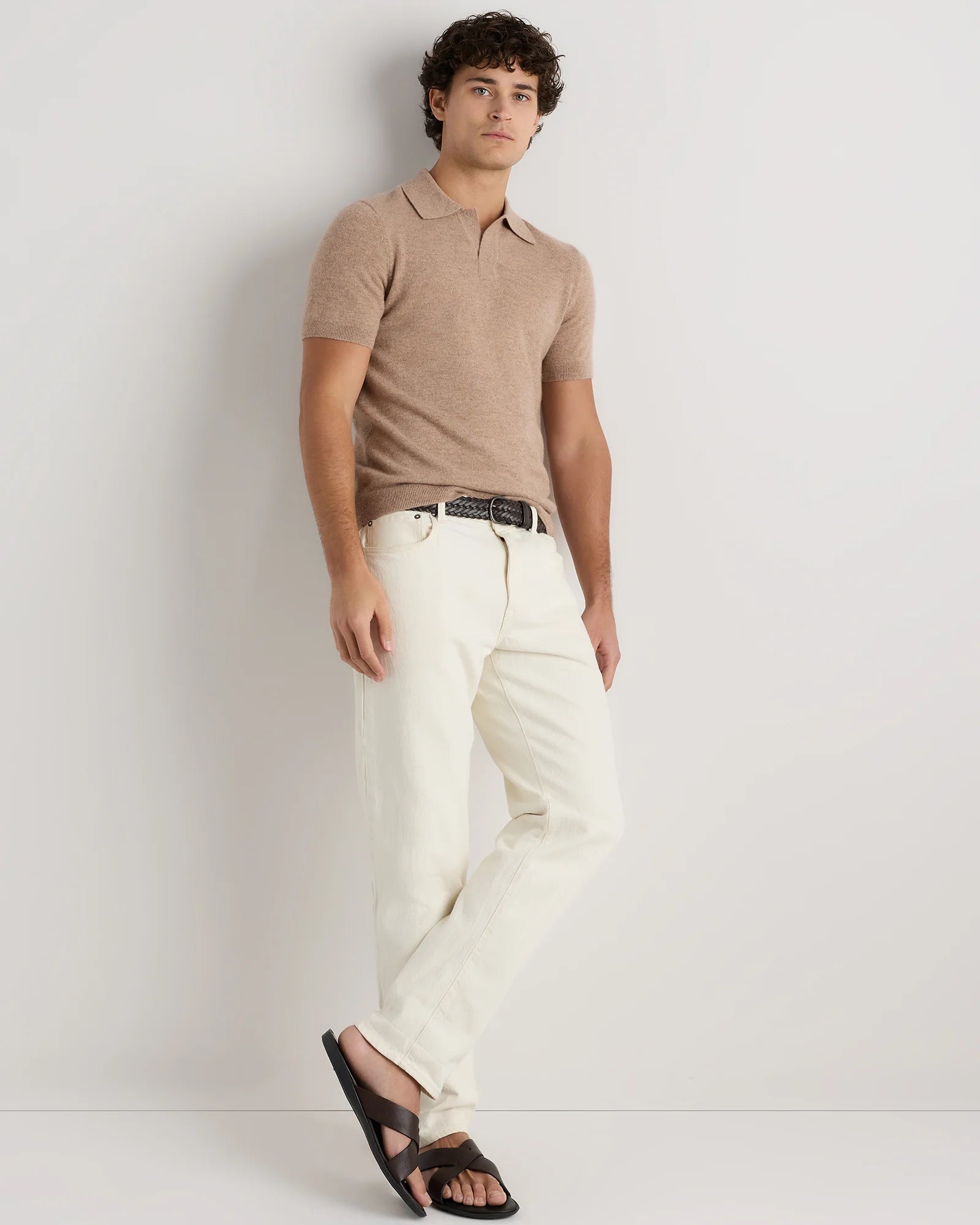 100% Mongolian Cashmere Johnny Collar Polo Sweater - S / Oatmeal Secondary image