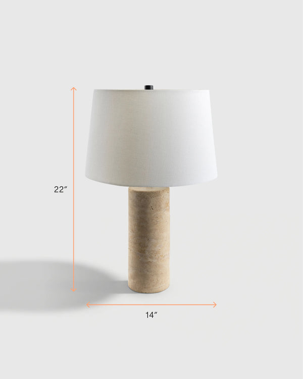 Travertine Table Lamp with Drum Shade - Column / Beige
