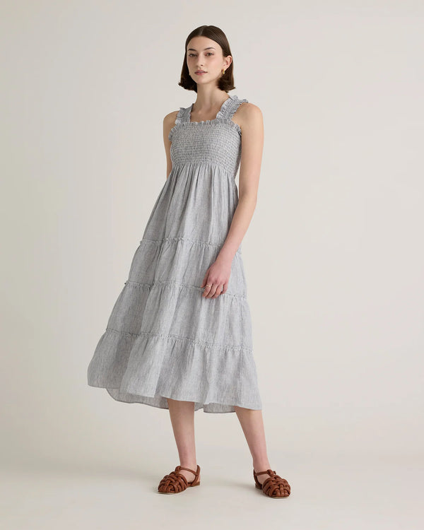 100% European Linen Smocked Midi Dress - XS / Ivory Porcelain Blue Petite Floral
