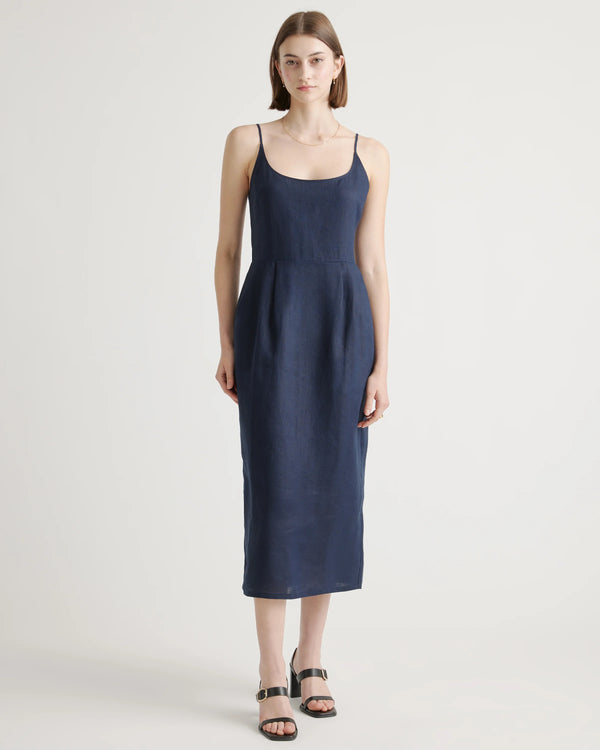 100% European Linen Scoop Neck Midi Dress - XS / Ivory Porcelain Blue Petite Floral
