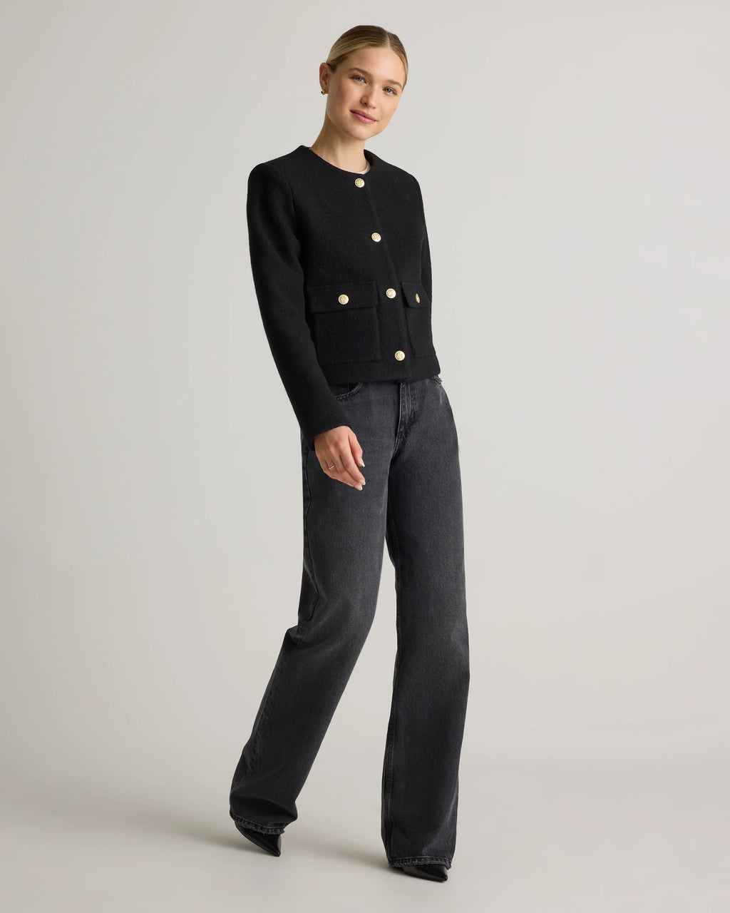 100% Merino Wool Collarless Cropped Jacket - XS / Heather Bone