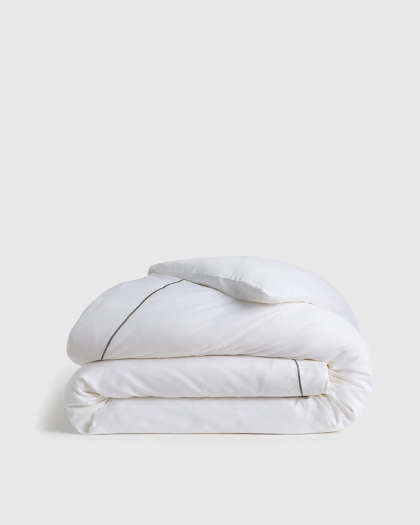 Signature Giza Cotton Sateen Embroidered Duvet Cover - Twin / White/Dried Sage