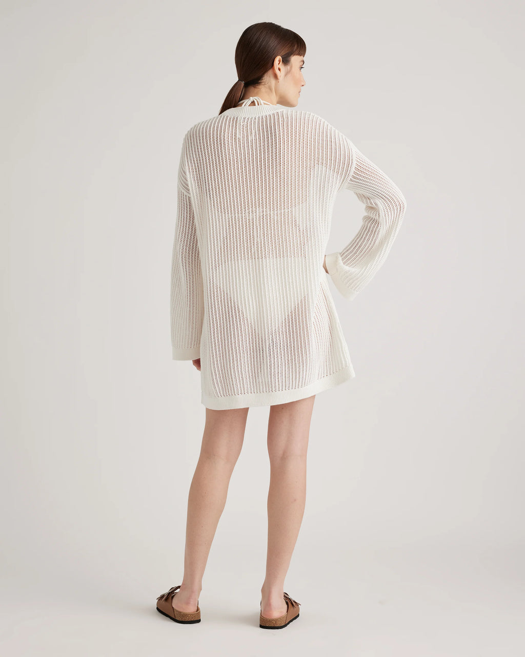 100% Organic Cotton Open-Knit Long Sleeve Cover-Up Mini Dress - XS / Beige