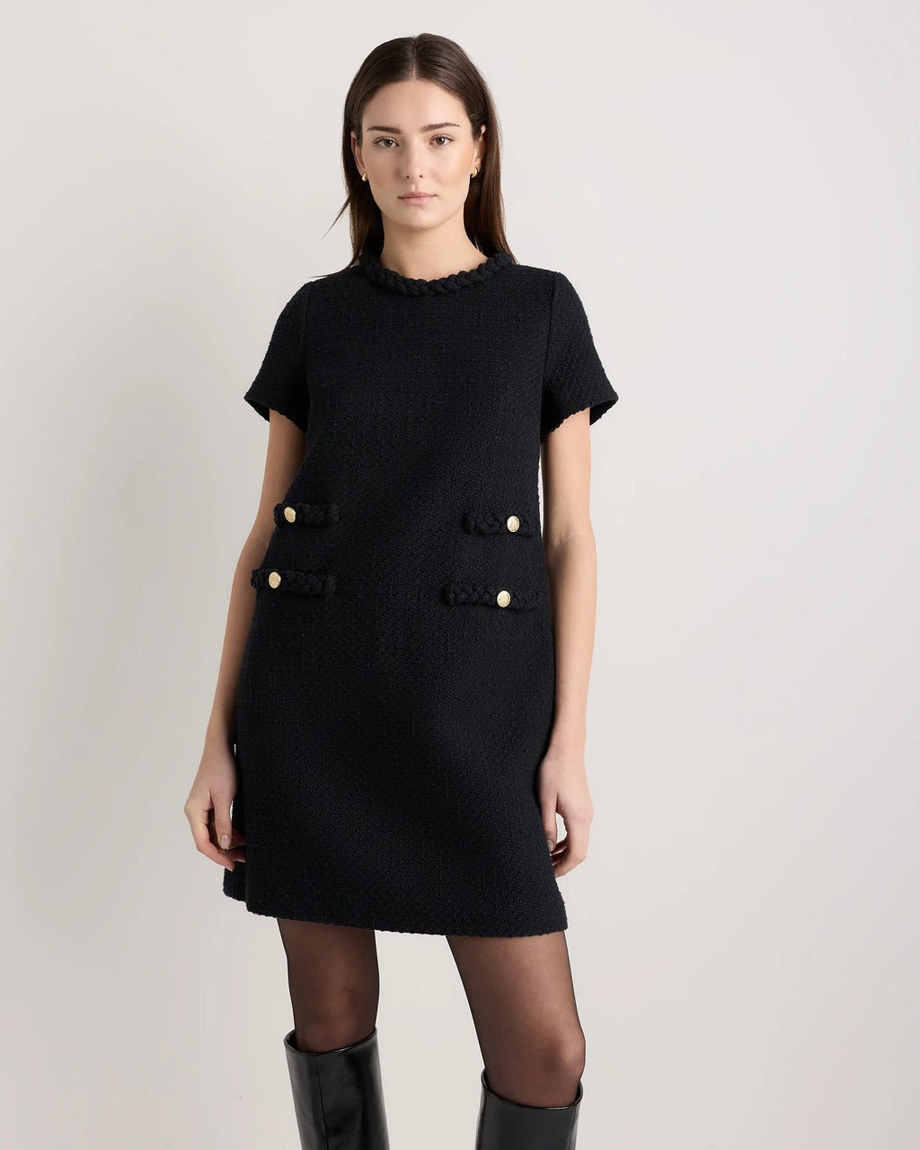 Tweed Short Sleeve Mini Dress - XS / True Black