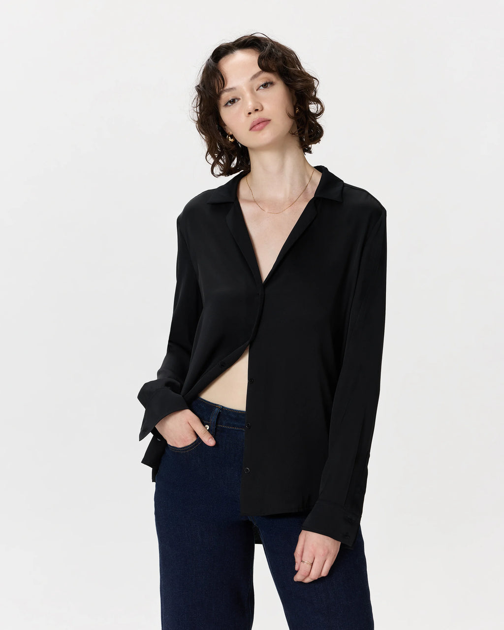 Washable Stretch Silk Notch Collar Blouse - XS / Moonstone Blue