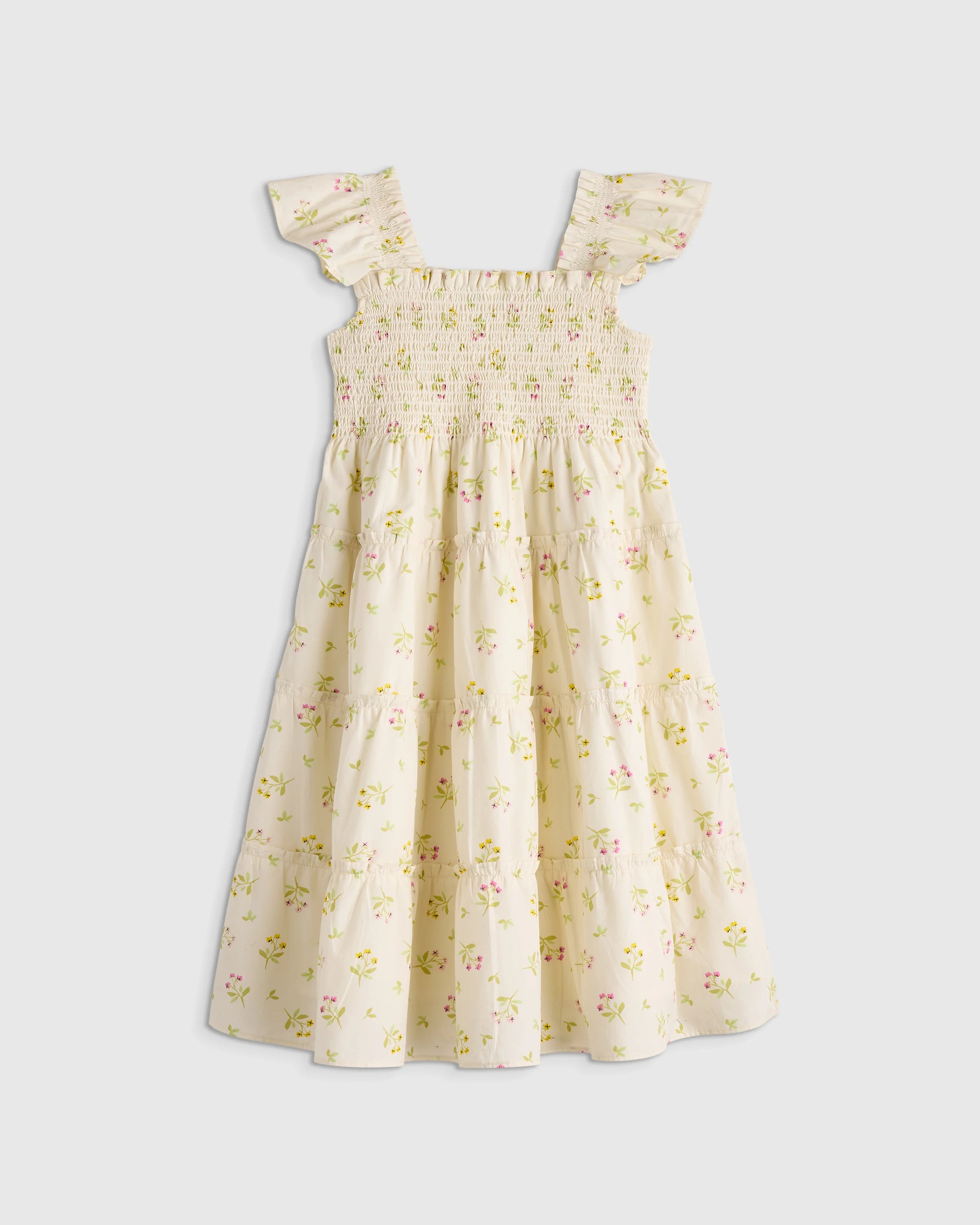 100% Organic Cotton Poplin Smocked Dress - 6 / Apricot Ditsy Floral Secondary image