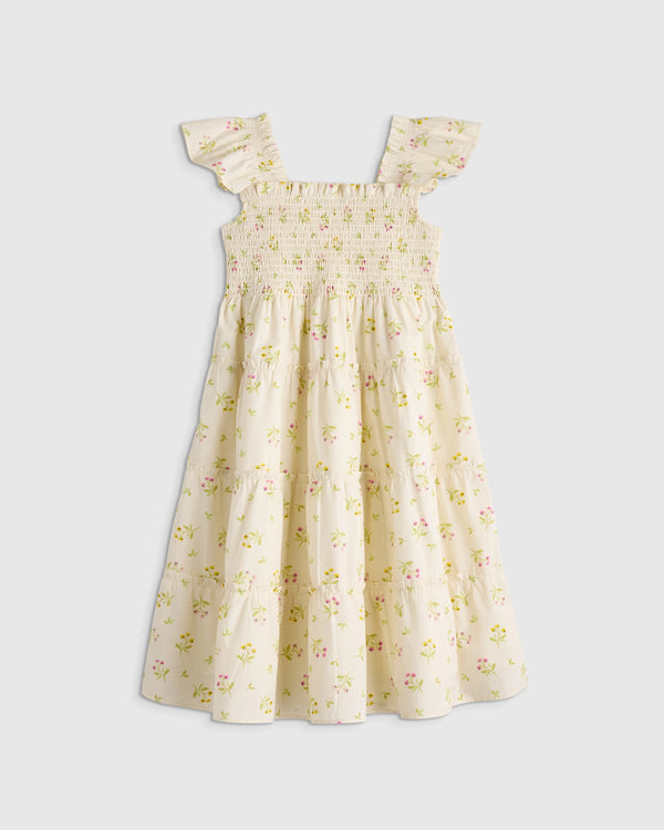 100% Organic Cotton Poplin Smocked Dress - 6 / Apricot Ditsy Floral